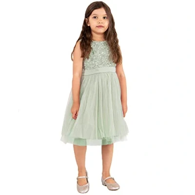 Imagen de Maya Deluxe Vestido Midi para Niñas con Lentejuelas Adornadas Fiesta, Tutú, Damas de Honor, Boda Lazo Cinturón, Lirio Verde, 9 10 Años