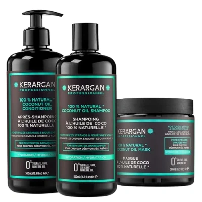 Imagen de Kerargan Trío Hidratante Champú, Acondicionador &amp; Mascarilla con Aceite de Coco Hidratación Profunda para Cabellos Secos y Dañados Sin Sulfatos, GMO, Silicona 3x500 ml