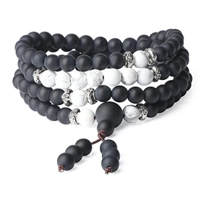 Imagen de COAI Japa Mala Pulsera Multicapa 108 Cuentas de Ónice Mate y Howlita Collar Rosario Oración Protección para Yoga Meditación