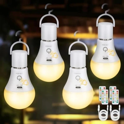 Imagen de Kimjo Bombilla Recargable USB con Mando Inalámbrica sin Electricidad E27 7W 3 Color Regulable Punto de Luz Control Táctil Temporización Emergencia 4 Pack
