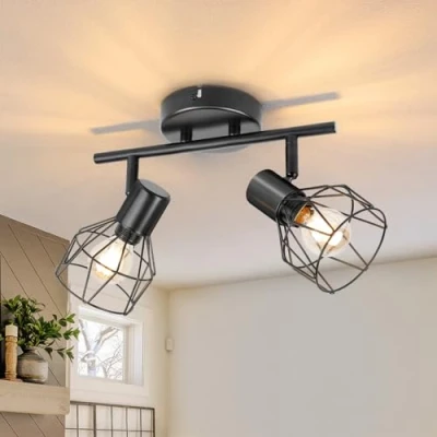 Imagen de Dehobo Lámpara de Techo Ajustables y Giratorios con 2 Focos E14 LED, Lampara Foco Retro para Interiores Dormitorio Cocina, Sin Bombilla E14, Max. 40W (cada bombilla)