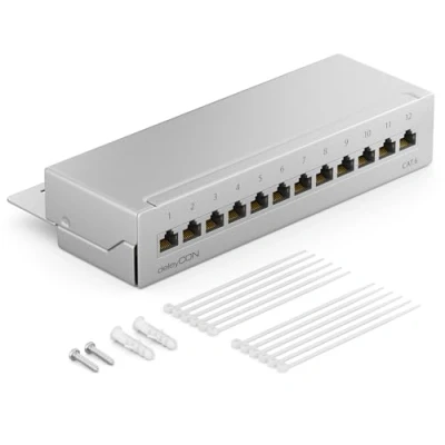 Imagen de deleyCON CAT6 Patch Panel El de Corrección 12 Puertos Escritorio y Montaje en Pared Blindado Enchufe 12x RJ45 TIA568A TIA568B Gris Claro