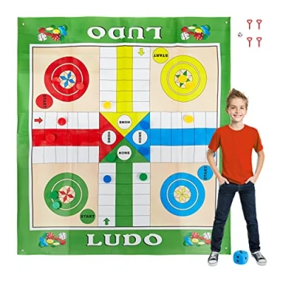 Imagen de Relaxdays Parchís XXL, Juego de Mesa Gigante con 16 Fichas, 2 Dados y 4 Clavijas, Ludo Jardín, 160x180 cm, Multicolor, (10030902)