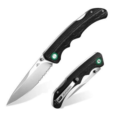 Imagen de FLISSA Navaja Plegable con Mango de G10, Hoja Acero Inoxidable 14C28N, Cuchillo Exterior Clip Bolsillo, Dentado Parcial, para Camping, Senderismo, Viaje, Longitud Plegada: 11,6cm