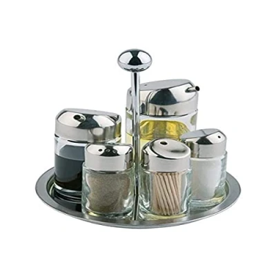 Imagen de Vinagrera, vinagrera y aceitera APS, estante de mesa para sal, pimienta, vinagre, aceite, palillos, giratorio, recipiente vidrio con tapa acero inoxidable cierre 16 x cm, 20 cm altura