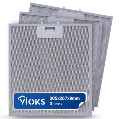 Imagen de VIOKS 3 filtros de grasa para campana extractora, metal, 305 x 267 9 mm, repuesto AEG 405525042/9 Elica GRI0009219A KIT0010805 Filtro metal extractora