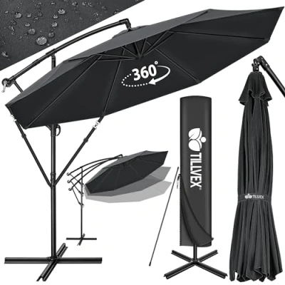 Imagen de tillvex sombrilla de 300 cm diámetro con manivela, soporte, jardín, protección UV, aluminio, paraguas mercado impermeable (Antracita, 350 cm)