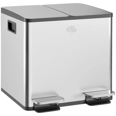 Imagen de HOMCOM Cubo de Basura Cocina con 2 Compartimentos 2x15L Papelera Acero Inoxidable Pedal Tapas Cierre Suave y Extraíble para Reciclaje Residuos Restos Comida Plata