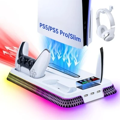 Imagen de Tolesum Soporte para PS5 / Slim Pro, estación de RGB refrigeración con Carga Doble Mando, Ventilador 3 velocidades Auriculares y Puertos USB Blanco