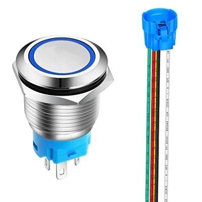 Imagen de Gebildet 19mm Momentáneo Pulsador de Botón Acero Inoxidable, Impermeable ON/OFF 12V 24V 5A LED 1NO1NC SPDT con Enchufe Cable(LED Azul)