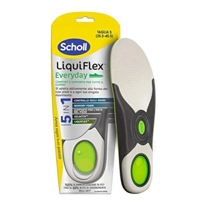 Imagen de Scholl Liquiflex Everyday Plantillas ajustables antiolores de espuma viscoelástica con tecnología 5 en 1 para todo tipo zapatos, soporte arco plantar, uso diario, talla S (35,5 40,5)