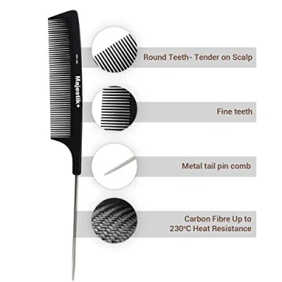 Imagen de Peine de pelo un profesional fibra carbono metal pino cola la Majestik +, fuerza y ​​la durabilidad, dientes finos, negro (MPC 005), con bolsa producto libre PVC