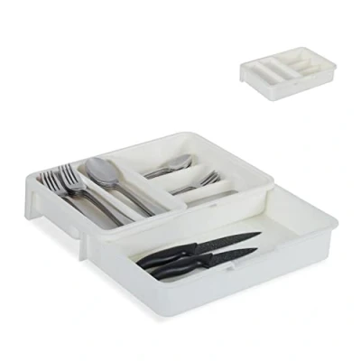 Imagen de Relaxdays 10027748_49 Cubertero Extensible, 7 Compartimentos, Organizador de Cubiertos Cajón, PP, 1 Ud, 6x23,5x31,5 cm, Blanco, Plástico