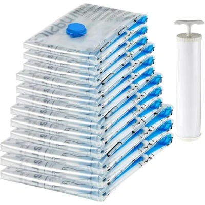 Imagen de Amazon Basics bolsas de vacío para almacenamiento, incluyen boca aspirador, 12 Unidad, 3 extragrandes, grandes, medianas y pequeñas, Cremallera, Blanco
