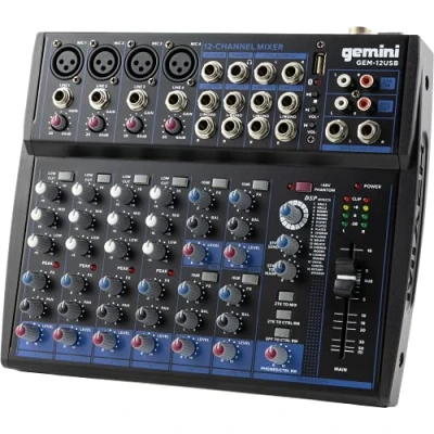 Imagen de Gemini Sound GEM 12USB Mezclador analógico de 12 canales compactos que incluye 4 micrófono, EQ 3 bandas, reproducción USB la memoria y Streaming Bluetooth