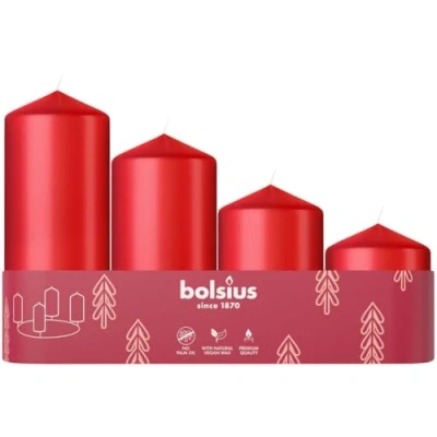 Imagen de Bolsius velas de pilar lisas, juego 4, temporada Adviento, color rojo, varios tamaños, decorativas para el hogar, largo tiempo combustión, sin perfume, con cera vegetal natural,