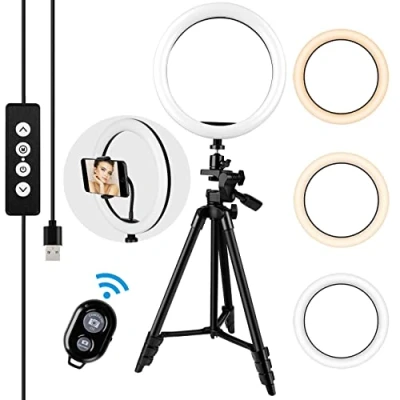 Imagen de 10&quot; Aro de Luz, Ring Light con Tripode Extensible y Soporte Teléfono, Obturador Bluetooth, 3 Colores 10 Brillos, Anillo luz Circular LED para TIK Tok/Youtube/Maquillaje/Selfi