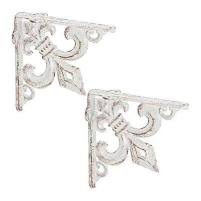 Imagen de Relaxdays Escuadras Estantería Envejecidas, Set 2, Soportes Balda Hierro Fundido, Flor de lis, Retro, Color Blanco, 14,5 x 3,5 cm