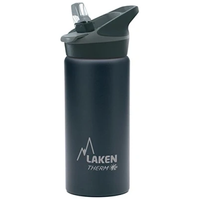 Imagen de Botella de Agua Térmica al Vacío Acero Inoxidable Doble Pared Laken (0,50L Negro) Tecnología 24 Horas Frío Ideal para Trabajo o Deporte Cierre Hermético y Uso Vertical