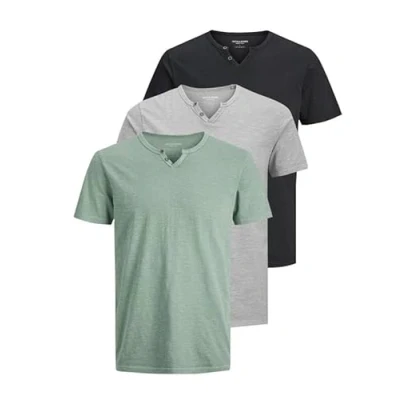 Imagen de JACK &amp; JONES JJESPLITCamiseta básica para hombre, cuello en V, manga corta, algodón, con botones, Pack de 3 unidades (Pack C verde oscuro, crockery, negro), M