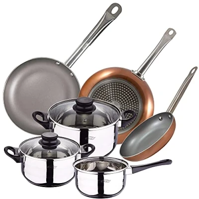 Imagen de Bateria de cocina 5 piezas San Ignacio acero inoxidable con juego sartenes Optimum Plus (18,22,26 cm) en aluminio prensado aptas para induccion, PK3210