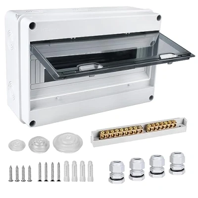 Imagen de caja de fusibles empotrada, distribución IP65 con 1 fila 15 módulos, pinzas latón, distribuidor pequeño subdistribución para habitaciones húmedas, jardines, exteriores, villas