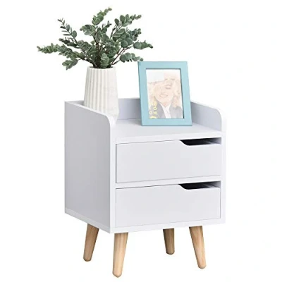Imagen de HOMCOM Mesa de Noche Multiusos Mesita Auxiliar para Sala Estar o Dormitorio con 2 Cajones Espaciosos Patas Elevadas Pino Diseño Moderno 33x28x42 cm Blanco