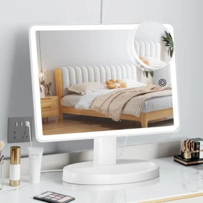 Imagen de FUNTOUCH Espejo de Maquillaje Grande con Luz (Modelo X Grande) Iluminado 3 Colores 88 LED, Pantalla Táctil, Rotación 360, Aumento 10X Cosmético Portátil Sobremesa