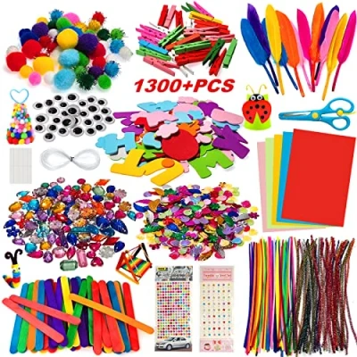 Imagen de Kit Manualidades niños 1300+PCS, Pipe Cleaners Crafts Set,Juego de Limpiadores Pipa Chenilla y Pompoms con Wiggle Eyes Craft Sticks, Juego Creativo Regalo para DIY Art Supplies