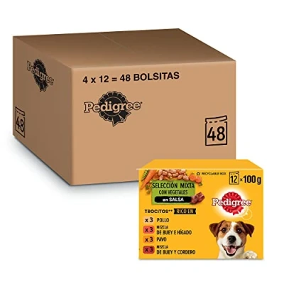 Imagen de Pedigree Comida húmeda para perros sabores mixtos en salsa, paquete múltiple (4 x 12 bolsas 100 g)