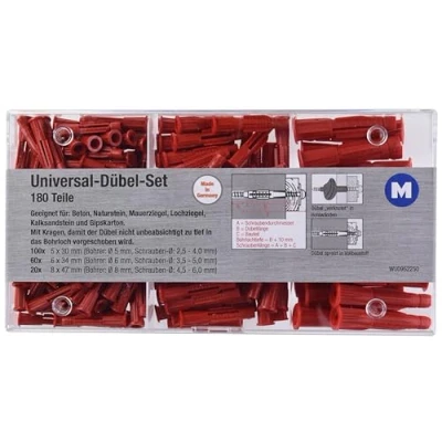 Imagen de Metafranc 952250 Surtido universales (180 Unidades, diámetro 5, 6 y 8 mm, Fabricado en Alemania, para Fijaciones Materiales de construcción sólida Hueca, Tacos Multiusos, 3 alas), Rojo