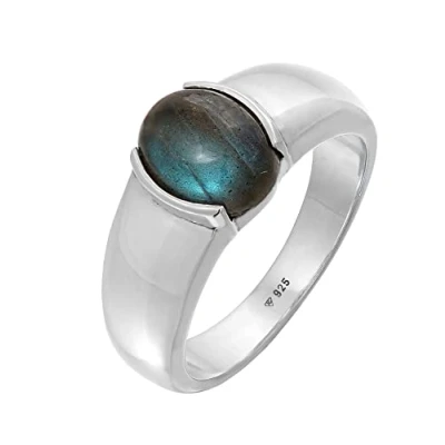 Imagen de Kuzzoi anillo de plata ley 925 pulida con piedra labradorita, maciza gema (10 mm) ovalado