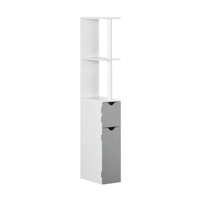 Imagen de kleankin Armario Alto de Baño con 2 Puertas y Estantes Abiertos Columna Auxiliar para Salón Aseo Dormitorio Estilo Moderno 15,2x29,8x118 cm Blanco Gris