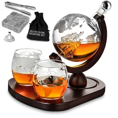 Imagen de MikaMax Globe Decanter Deluxe Set Juego De Decantador Whisky Hecho A Mano Incluye 2 Copas