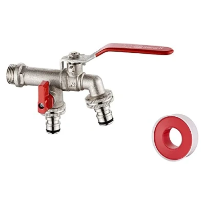 Imagen de Ibergrif M22203 Grifo de Doble Salida 1/2&quot; con Adaptador Lavadora, Jardín al Aire Libre Dos Salidas 3/4&quot;, Resistente Óxido y Las Heladas, Latón
