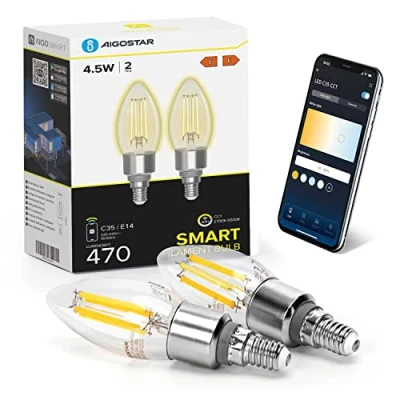 Imagen de Aigostar Edison Bombillas Alexa LED 4.5W E14 Inteligentes 470LM WIFI Bombilla Vintage C35 Filamento Regulable 2700K 6500K, compatible con Alexa/Google Home. transparente 2 pack