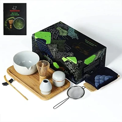 Imagen de TEANAGOO Juego de té japonés con bandeja bambú, batidor Matcha, cuenco Matcha pico vertedor, bambú (chasen), cuchara (chashaku), O3, gris claro,