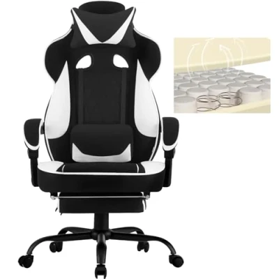 Imagen de WOLTU Silla Gaming en Tela Transpirable para Verano, Ergonómica Gamer con Reposapiés, Sillón Giratorio Videojuegos, Oficina Asiento Ancho y Cómodo Personas Grandes, Negro + Blanco