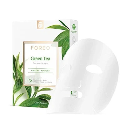 Imagen de Mascarilla facial FOREO Green Tea para piel con imperfecciones, pack de 3, fórmula calmante y antioxidante, no testada en animales compatible los dispositivos UFO