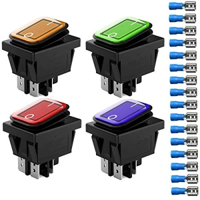 Imagen de Gebildet 12V 24V 20A Interruptor Impermeable Basculante con indicador LED, 4 Pin 2 Posiciones ON Off DPST de Botón para Coche Camión Motocicleta Barco Marina (Rojo Amarillo Azul Verde)