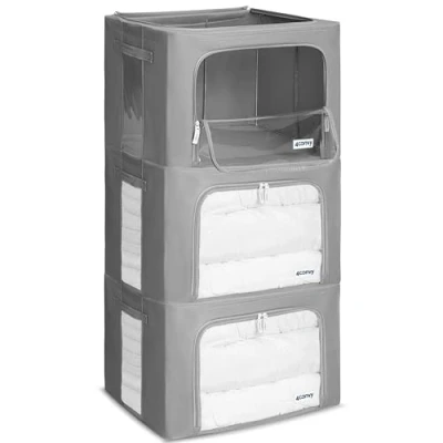 Imagen de 4CONVY Cajas de Almacenaje Ropa para Armario con Cremallera, Marco Metal [2024 MATERIAL MEJORADO] Estable Bolsa Guardar Ropa, Mantas Apilables 3x66L