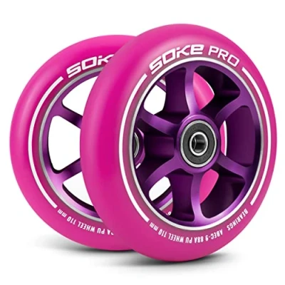Imagen de SOKE Juego de ruedas patinete 2 piezas diámetro 110 mm con 8 rodamientos ABEC 9 dureza 88A aluminio y PU para superficies duras rosa