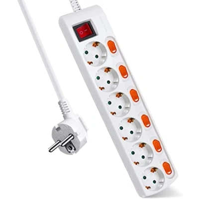 Imagen de EXTRASTAR Regleta con 6 Enchufes + Interruptor Individuales, 1 Principal, 3680W, 250V, 1.5M, Blanco, 1pcs