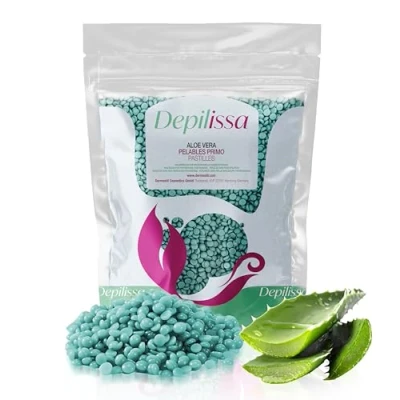 Imagen de Depilissa Perlas de cera aloe vera TIO2 para depilación, 400 gramos, aplicación sin tiras fieltro, adecuadas todos los tipos piel, cara, axilas, brazos, piernas, bikini, zona íntima,