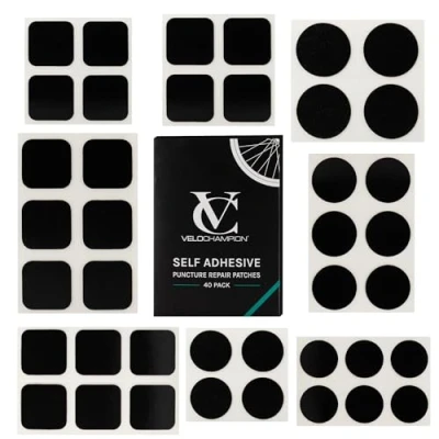 Imagen de VeloChampion Kit de Parches autoadhesivos para reparación pinchazos Rueda Bicicleta, sin Pegamento, Negro (Paquete 40)