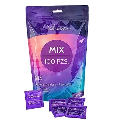 Imagen de VIBRATISSIMO condones Mix paquete de 100 mixto I sensitivos y extra húmedos bolsa preservativos grosor delgado aromatizados finos con textura estirada acanalado
