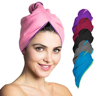 Imagen de Toalla Turbante para el Secado rápido de Cabello, Toallas Microfibra Ultra Absorbente Pelo, con botón 2 Piezas Rosa Borde púrpura