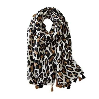 Imagen de KRUIHAN Mujeres Largas Suaves Pañuelo Cuello Moda Pañuelos Mujer Leopardo Mantón Noche Partido Accesorios con Borla Beige(Estilo B/Beige)
