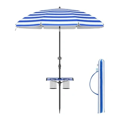 Imagen de SONGMICS Sombrilla 160 cm, de Playa, Protección Solar UPF 50+, Plegable por Ambos Lados 30, Estante, Regulable en Altura, Gancho, para Jardín, sin Soporte, Azul y Blanco GPU0080Q02