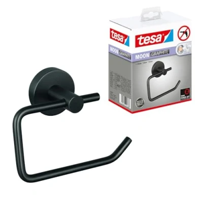 Imagen de tesa Moon Portarrollos Autoadhesivo para Papel Higiénico Metal Revestido de PVD, Cepillado en Grafito, sin Tapa Taladrar, Incluye Solución Adhesiva 99 mm x 140 53